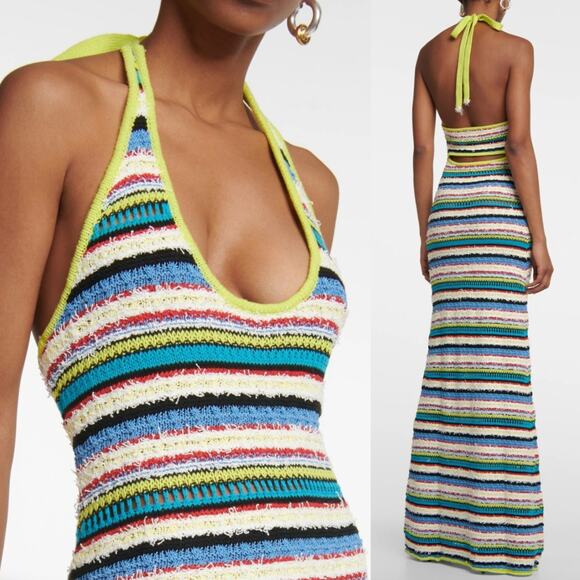 STAUD | Annabella Crochet Knit Striped Halterneck Maxi Dress in Pacific Reef S - Picture 2 of 11